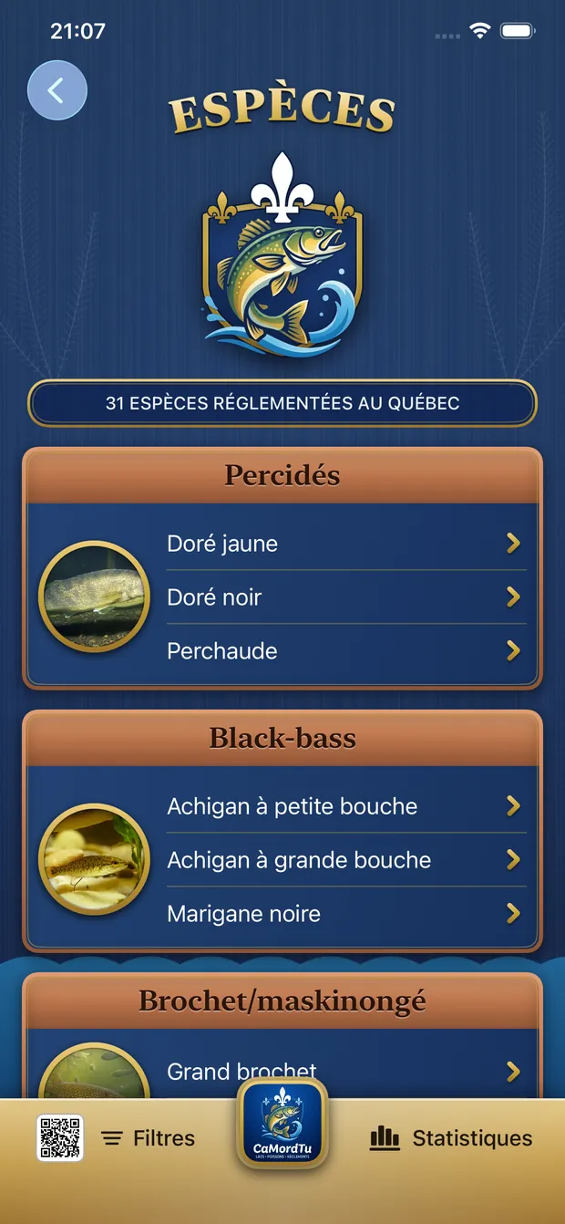 Liste des espèces réglementées dans CaMordTu